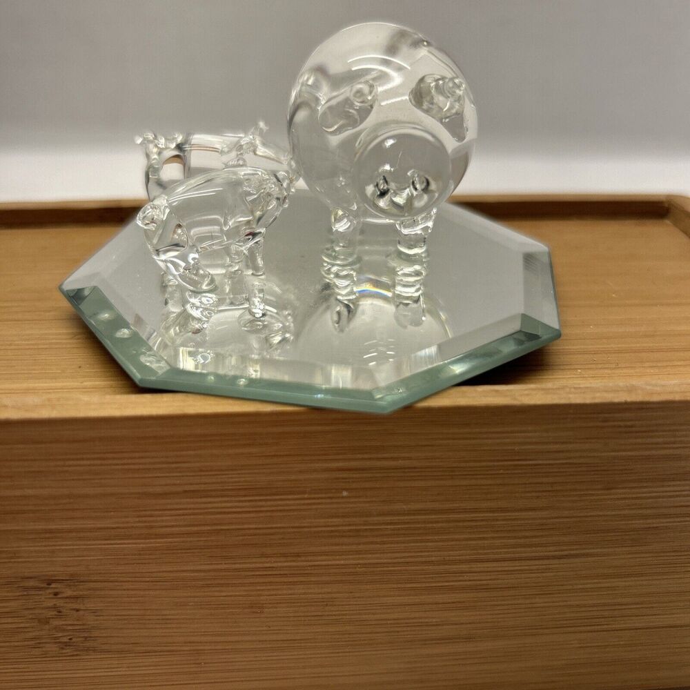 Vintage Glass Mother Pig And 2 Piglets on Mirror 3" Diameter Mama 1.5" High